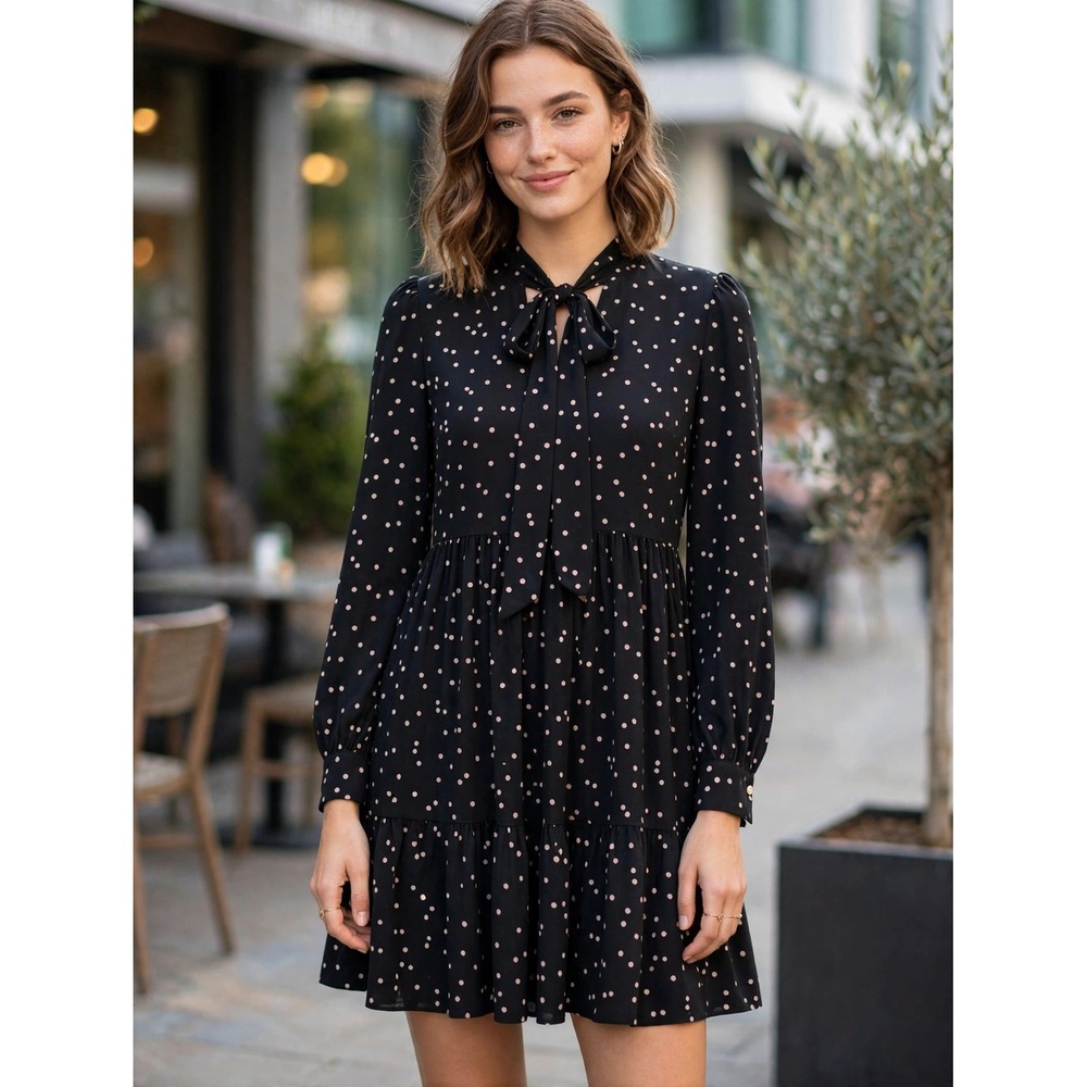 Kate Spade New York Black Pink Polka Dot Tie Neck Tiered Mini Dress NJMU8405 2